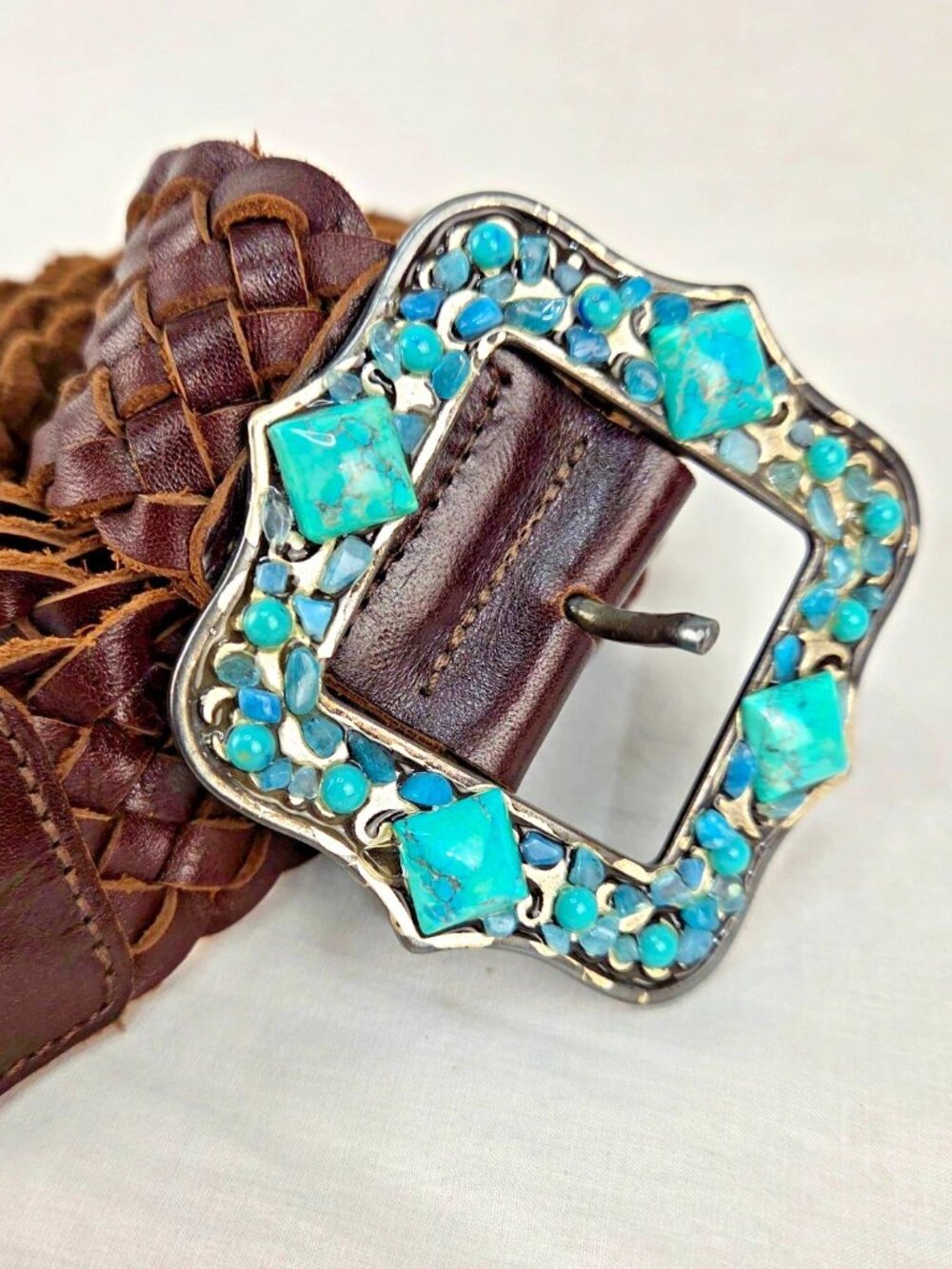 Brown Braided Leather Women's Western Belt Adjustable w/ Turquoise Stone Buckle